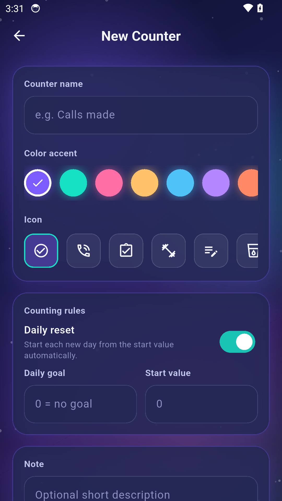 Counter Clarity counter setup screen